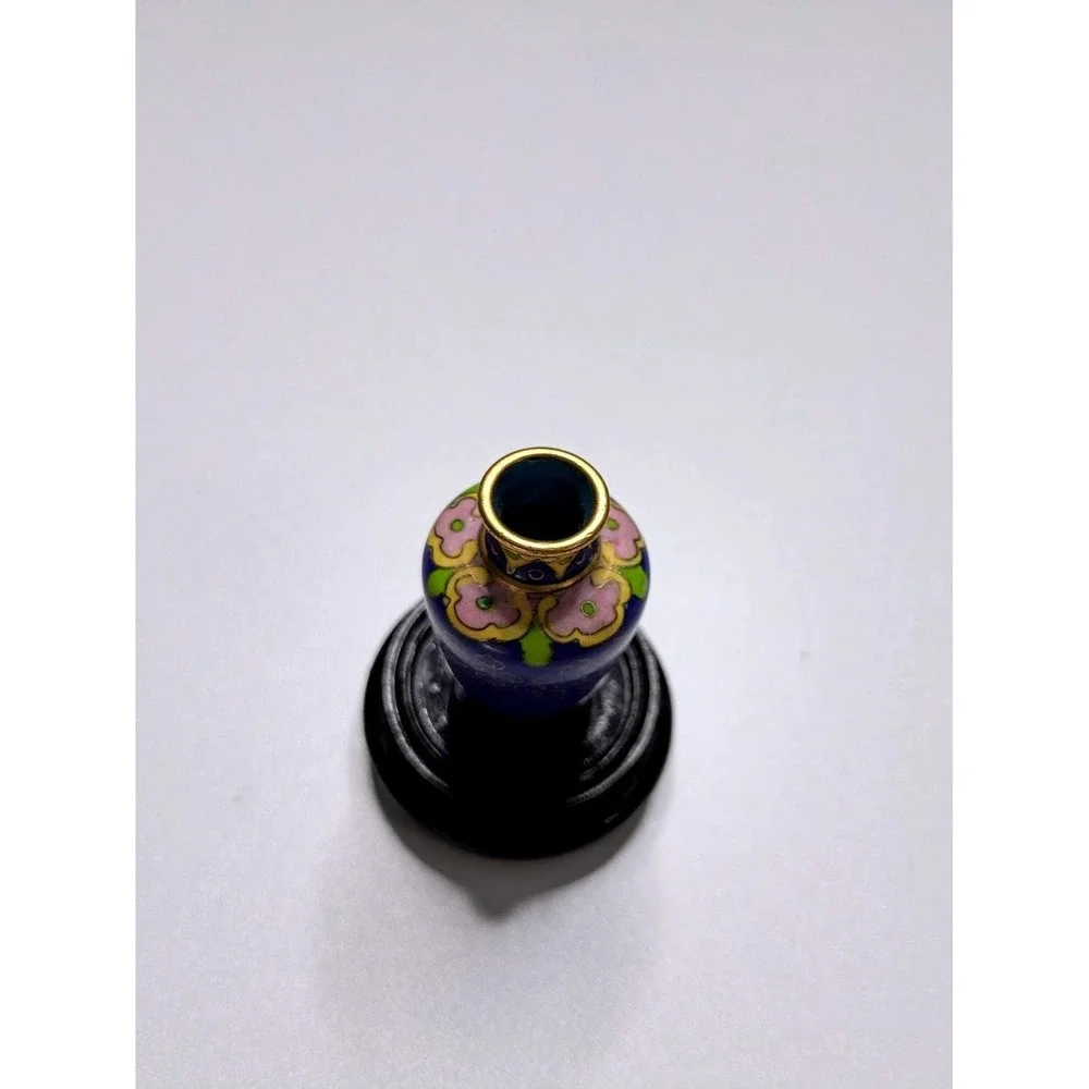 Blue Floral Cloisonné Enamel Mini Bud Vase with Wood Stand